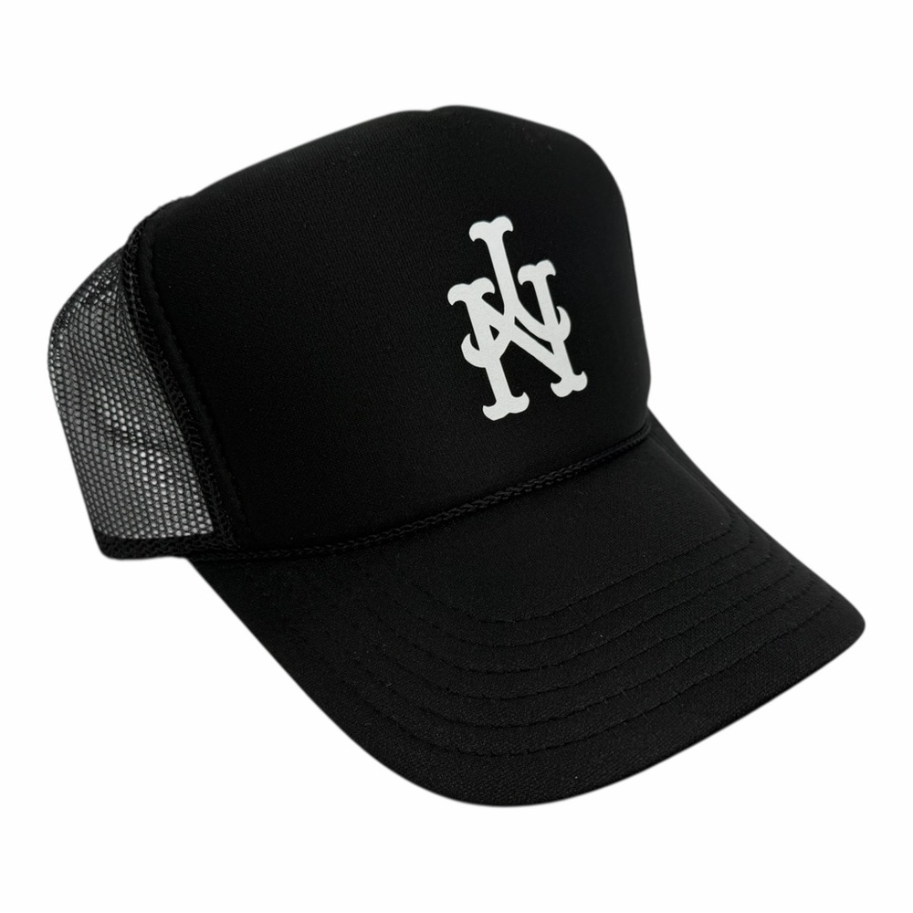 NEW YORK METS UPSIDE DOWN BLACK TRUCKER SNAPBACK HAT CAP 5 PANEL CURV…